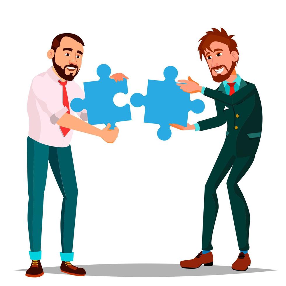 partnerskap vektor. två man affärsman innehav i händer två stor pussel och sätta den tillsammans. illustration vektor