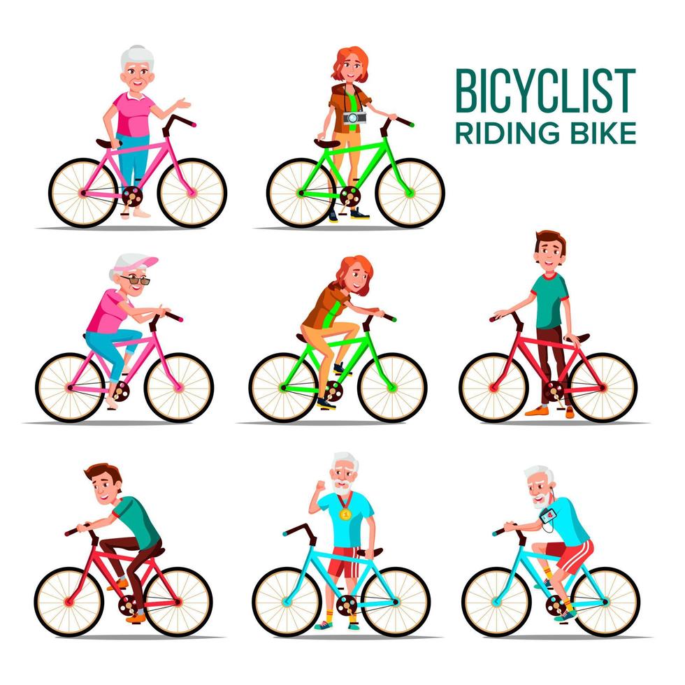 cyklister ridning cyklar vektor tecknad serie tecken uppsättning