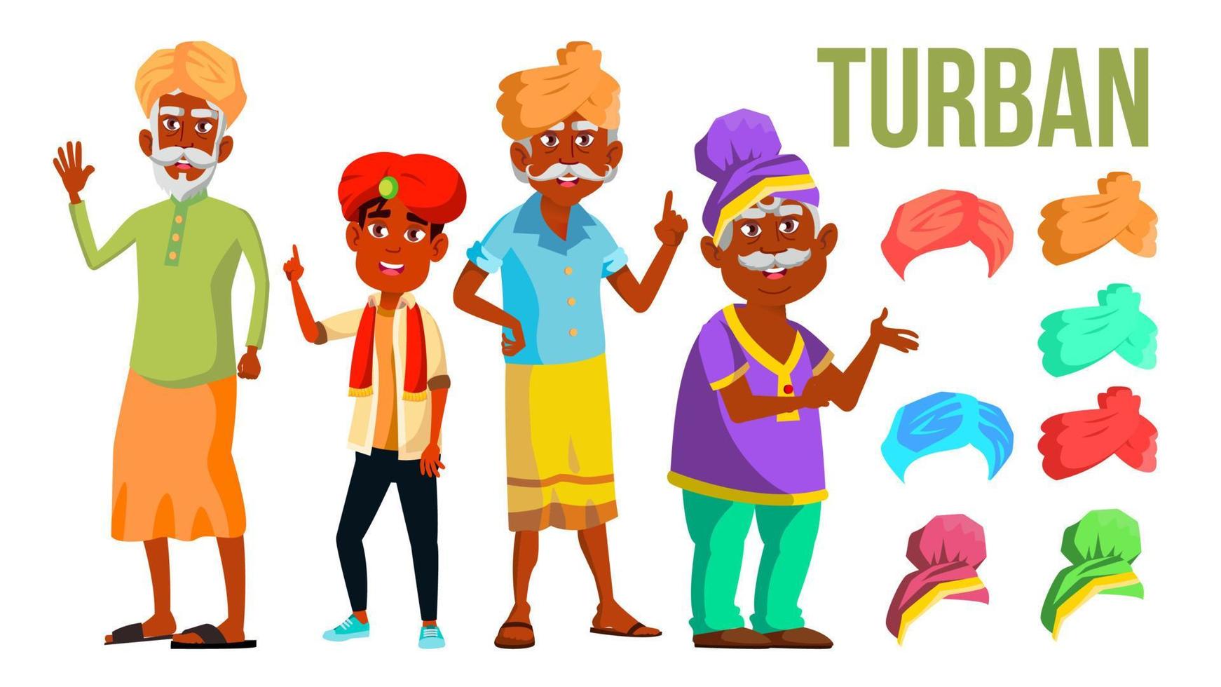 turban uppsättning vektor. klassisk och modern turban hatt. indian, sultan, muslim. manlig huvud porträtt. illustration vektor