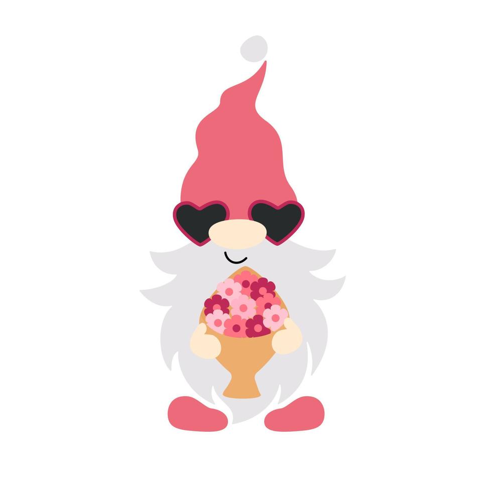 vektor illustration av söt gnome i kärlek med bukett av hjärtan. valentines dag design.