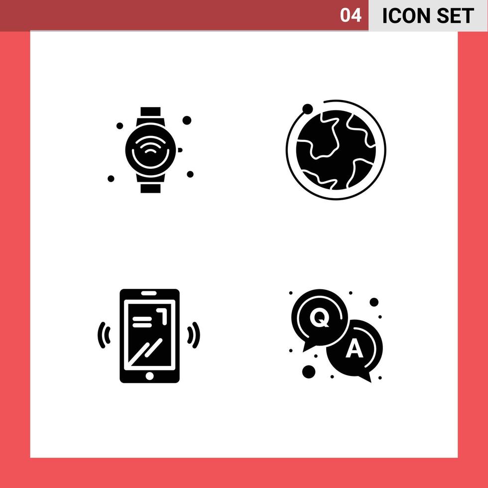 4 thematische Vektor-Solid-Glyphen und bearbeitbare Symbole von bearbeitbaren Vektordesign-Elementen für das Layout der Smartwatch-Mobile-Iot-Welt vektor