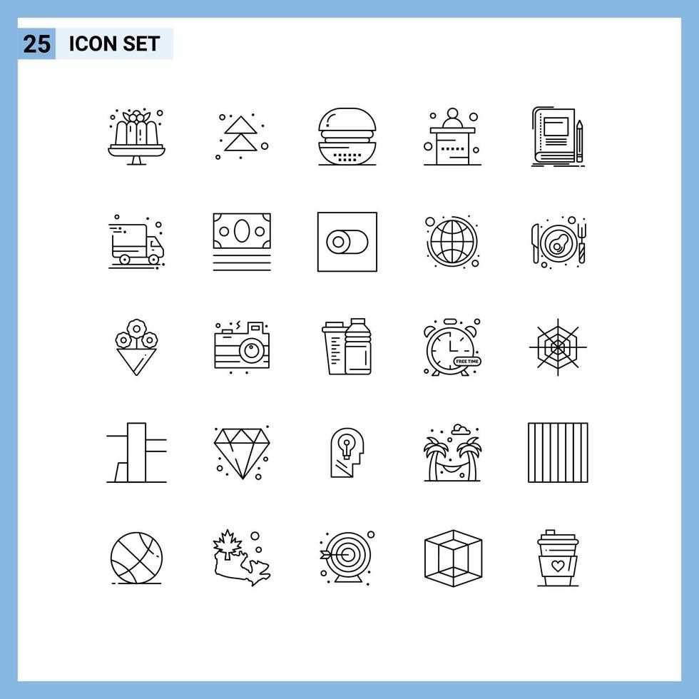 linje packa av 25 universell symboler av bok kontor burger marknadsföring måltid redigerbar vektor design element