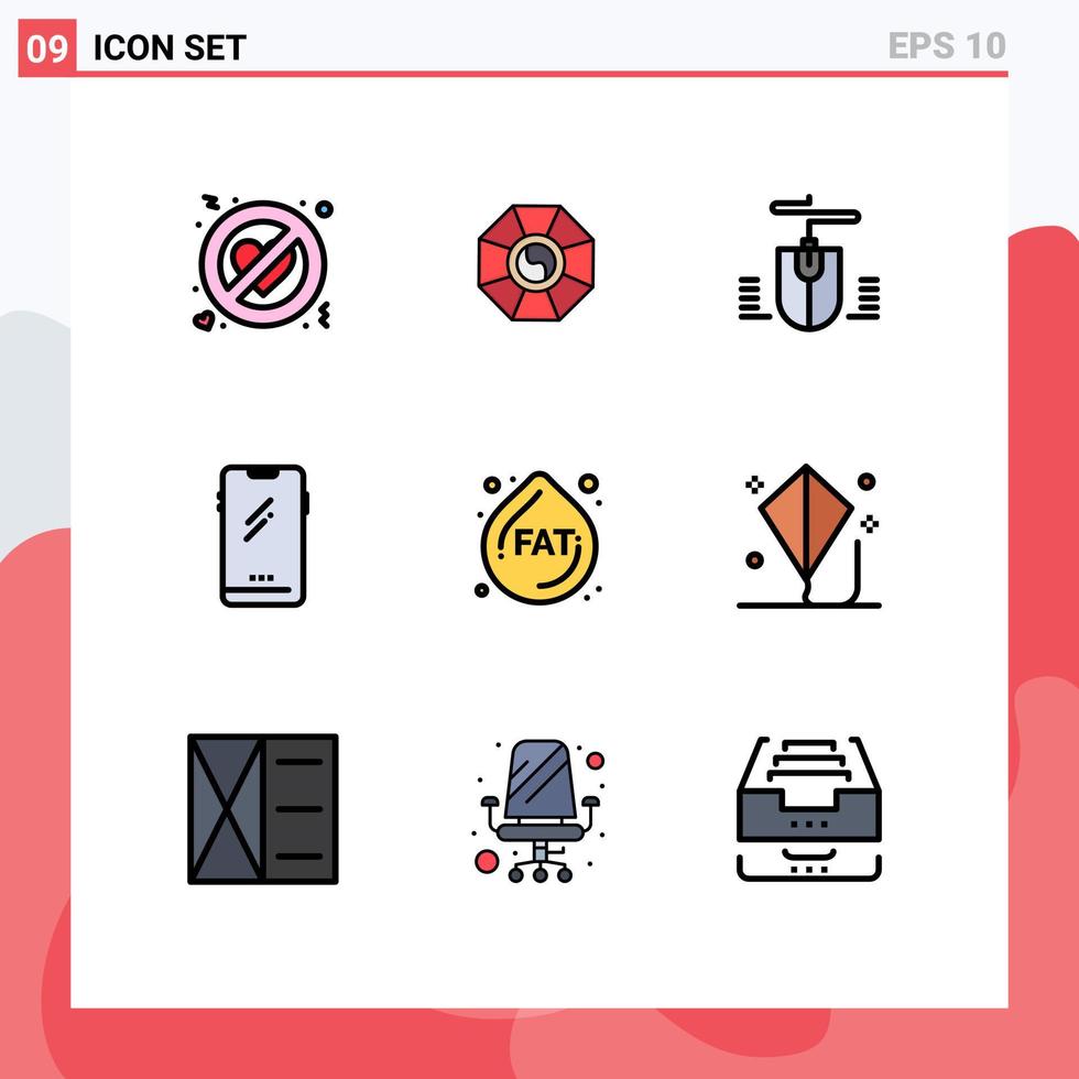 uppsättning av 9 vektor fylld linje platt färger på rutnät för sloka iphone mus android smart telefon redigerbar vektor design element