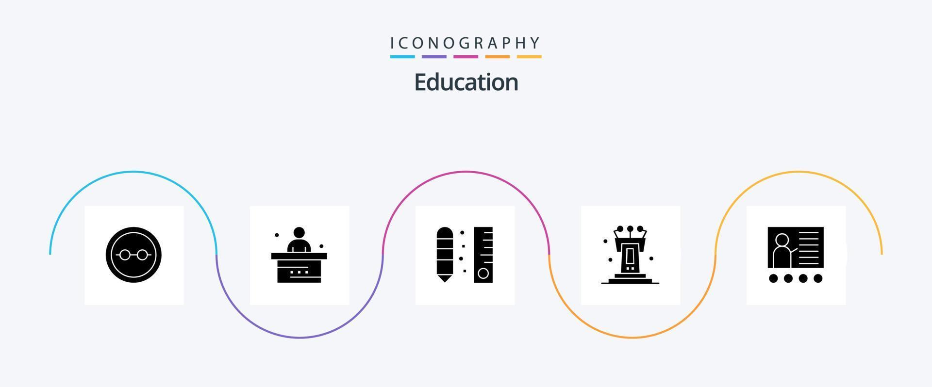 utbildning glyf 5 ikon packa Inklusive Tal. piedestal. studerande. skala. penna vektor