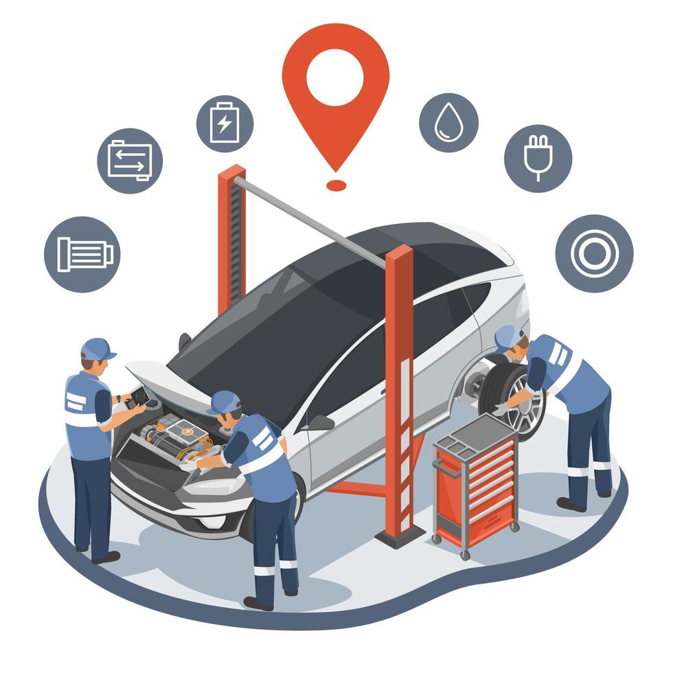 ev elektroauto service center karte standort punkt inspektion inspektor autoingenieur und motortechniker wartung und reparatur symbol symbole isometrische vektor isolierte illustration