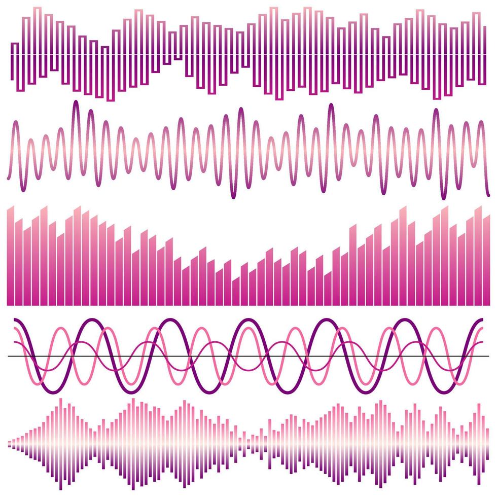 vektor uppsättning av ljud vågor. audio utjämnare. ljud och audio vågor isolerat på vit bakgrund