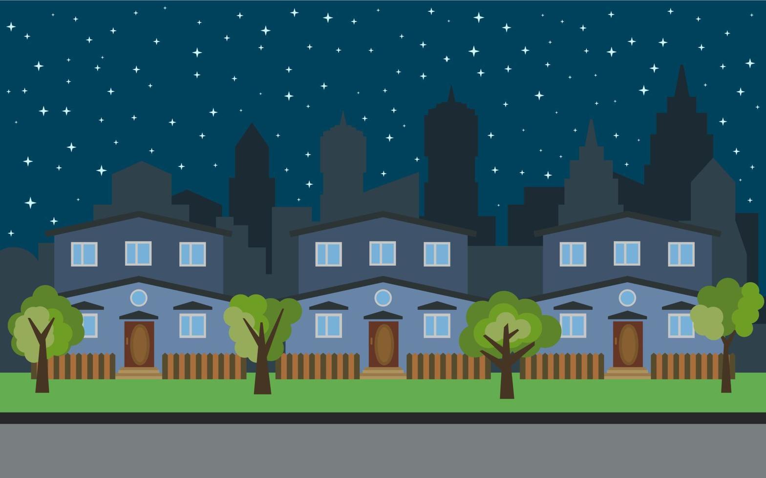 Vektorstadt mit drei zweistöckigen Cartoon-Häusern und grünen Bäumen bei Nacht. Sommer urbane Landschaft. Straßenansicht mit Stadtbild auf einem Hintergrund vektor