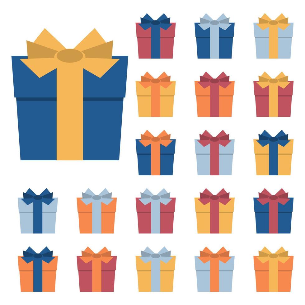 Sammlung von zwanzig mehrfarbigen Geschenkboxen. Vektor-Illustration vektor