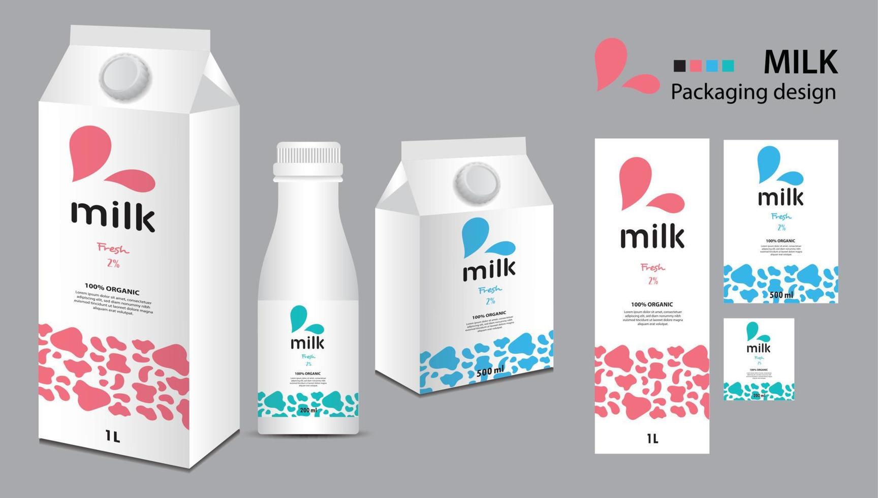mjölk paket design, mjölk märka design, mjölk lådor uppsättning och flaska vektor, låda realistisk 3d illustration, kreativ förpackning mall, produkt design, mat baner, släppa av vatten logotyp vektor