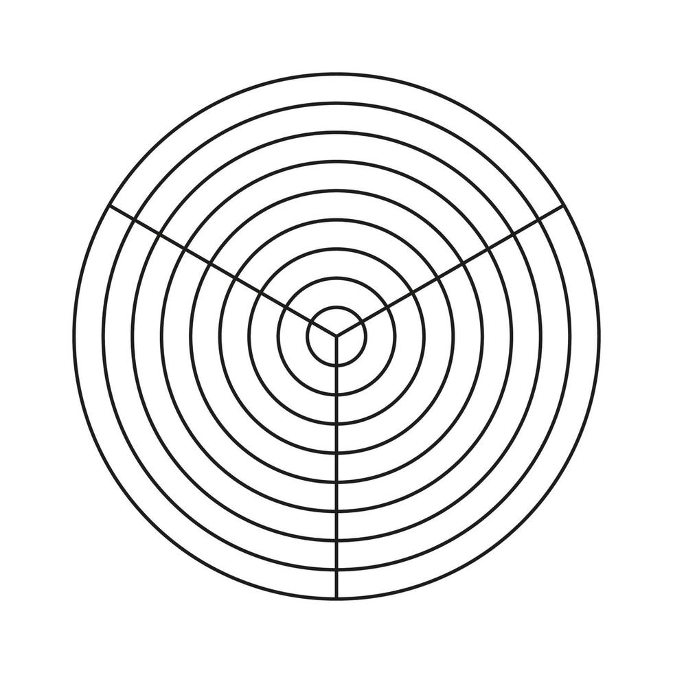 Vorlage für das Rad des Lebens. einfaches Coaching-Tool zur Visualisierung aller Lebensbereiche. Polargitter aus 3 Segmenten und 8 konzentrischen Kreisen. leeres polares Millimeterpapier. Kreisdiagramm der Balance des Lebensstils. vektor