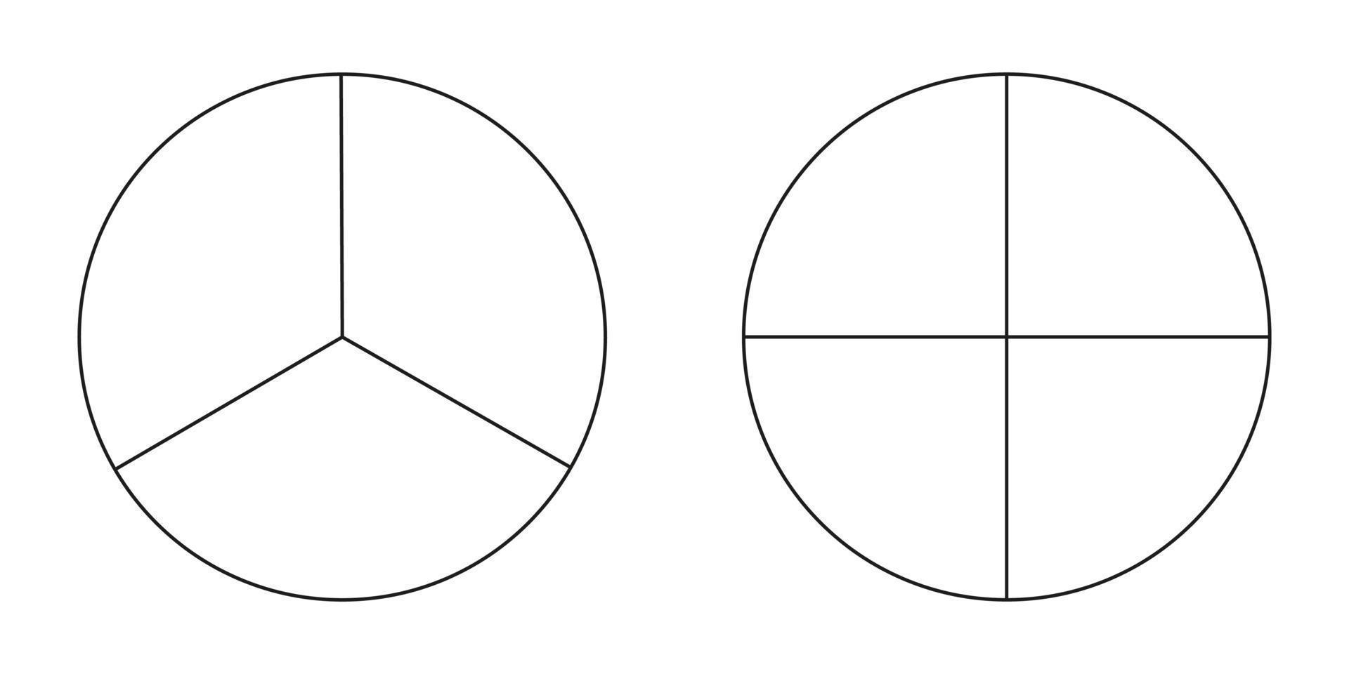 Kreisdiagramm, Diagrammsatz, drei und vier Abschnitte oder Schritte. Kreissymbole für Infografik, Präsentation, Webdesign, Benutzeroberfläche. einfaches Geschäftsdiagramm. vektor