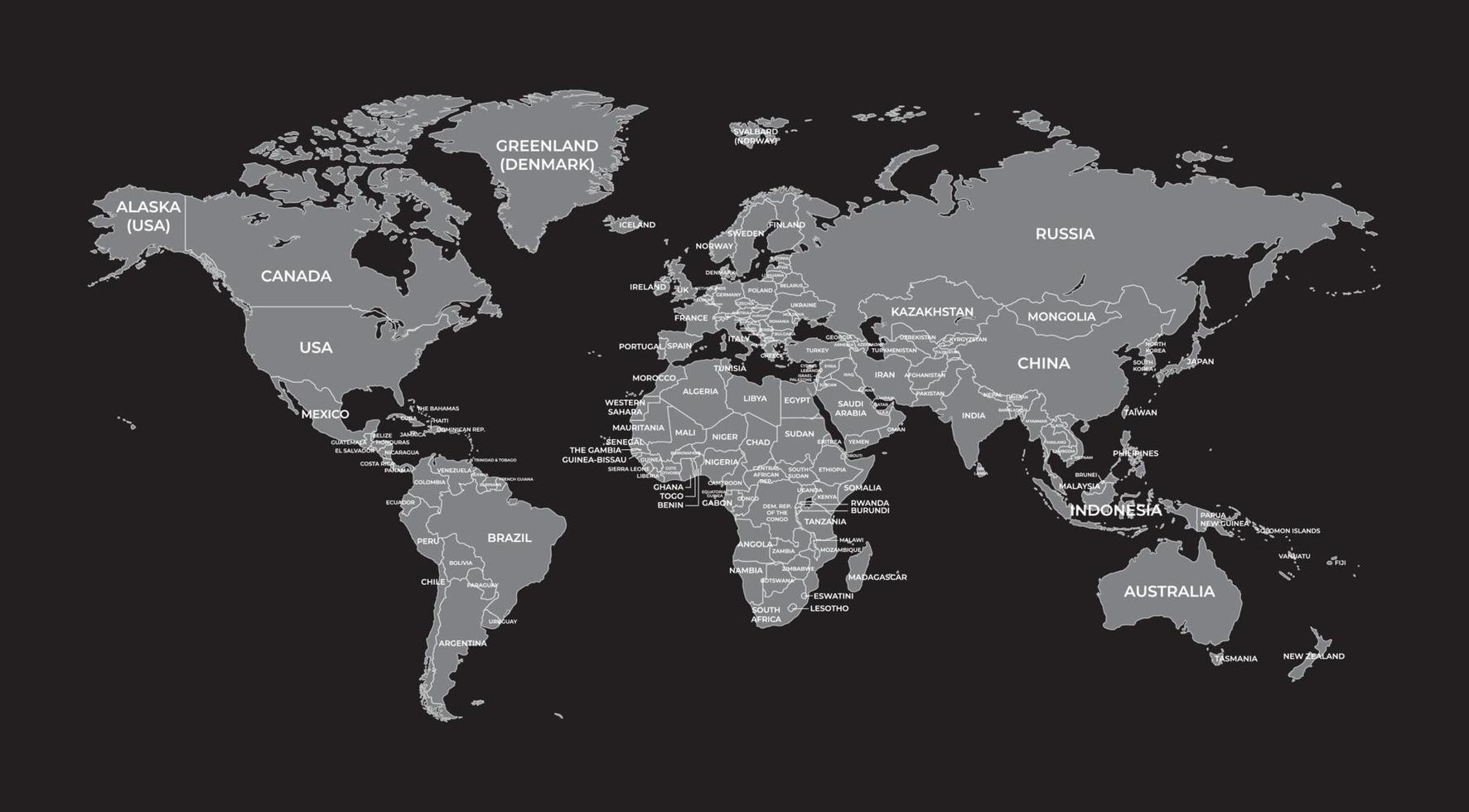 Detaillierte Weltkarte isoliert auf schwarzem Hintergrund mit Ländernamen. graue Silhouette Weltkarte vektor