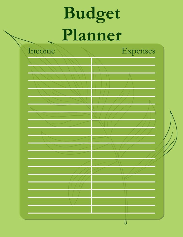 Budgetplaner-Vorlagenseitendesign mit tropischen Blättern, Einnahmen und Ausgaben. Vektor-Illustration vektor