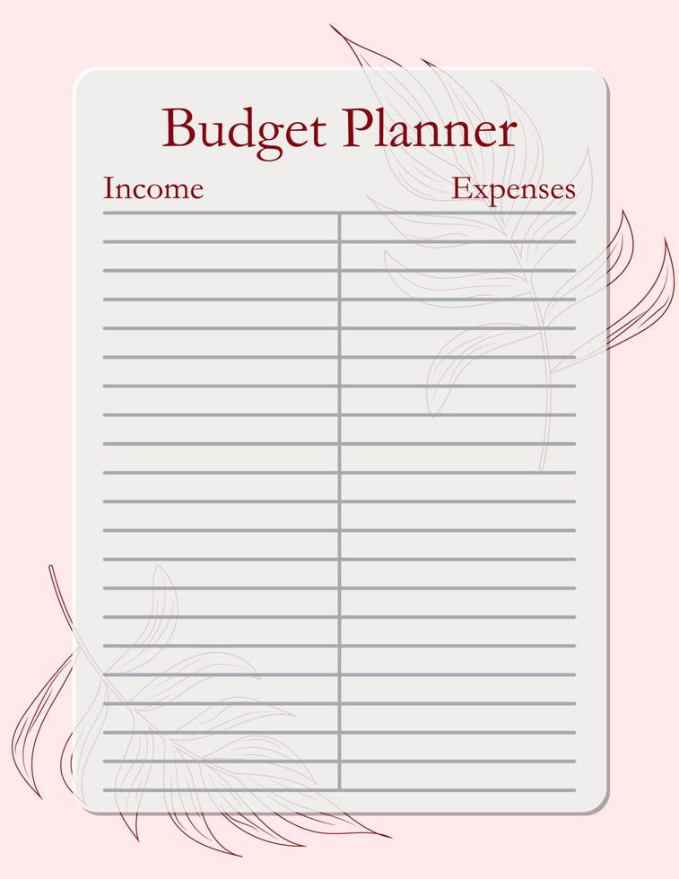 Budgetplaner-Vorlagenseitendesign mit tropischen Blättern, Einnahmen und Ausgaben. Vektor-Illustration vektor