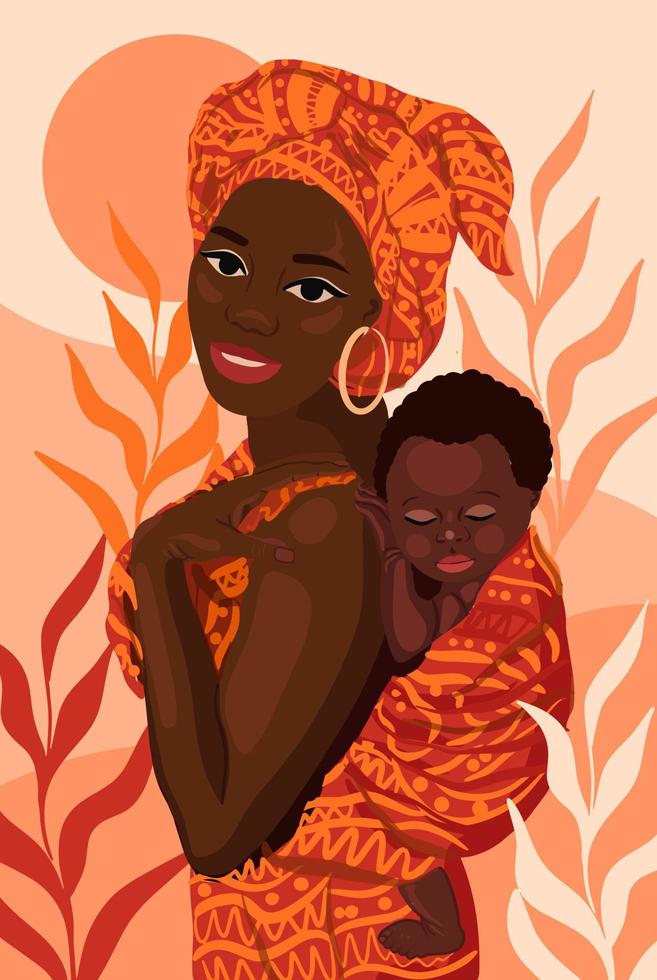 etnisk bakgrund med afrikansk kvinna, mor och barn vektor affisch
