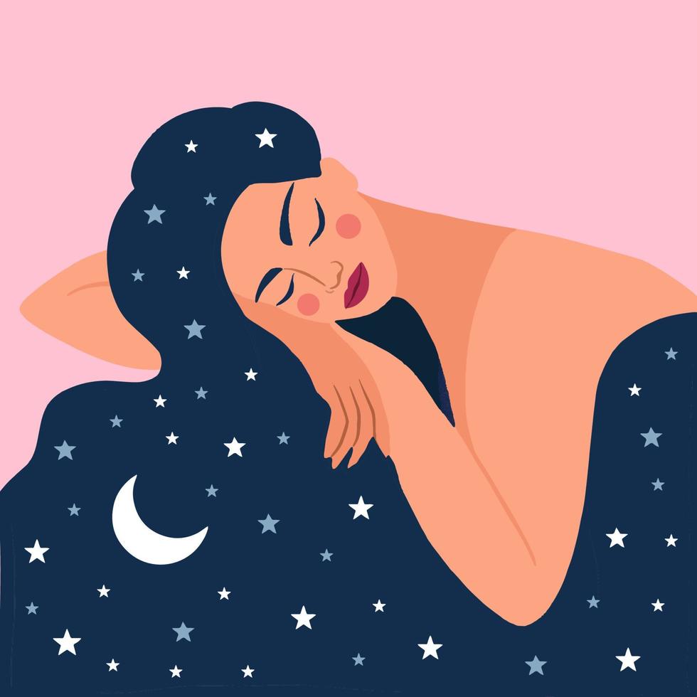 sovande flicka med lång hår. kvinna drömma i natt himmel och stjärnor. vektor illustration