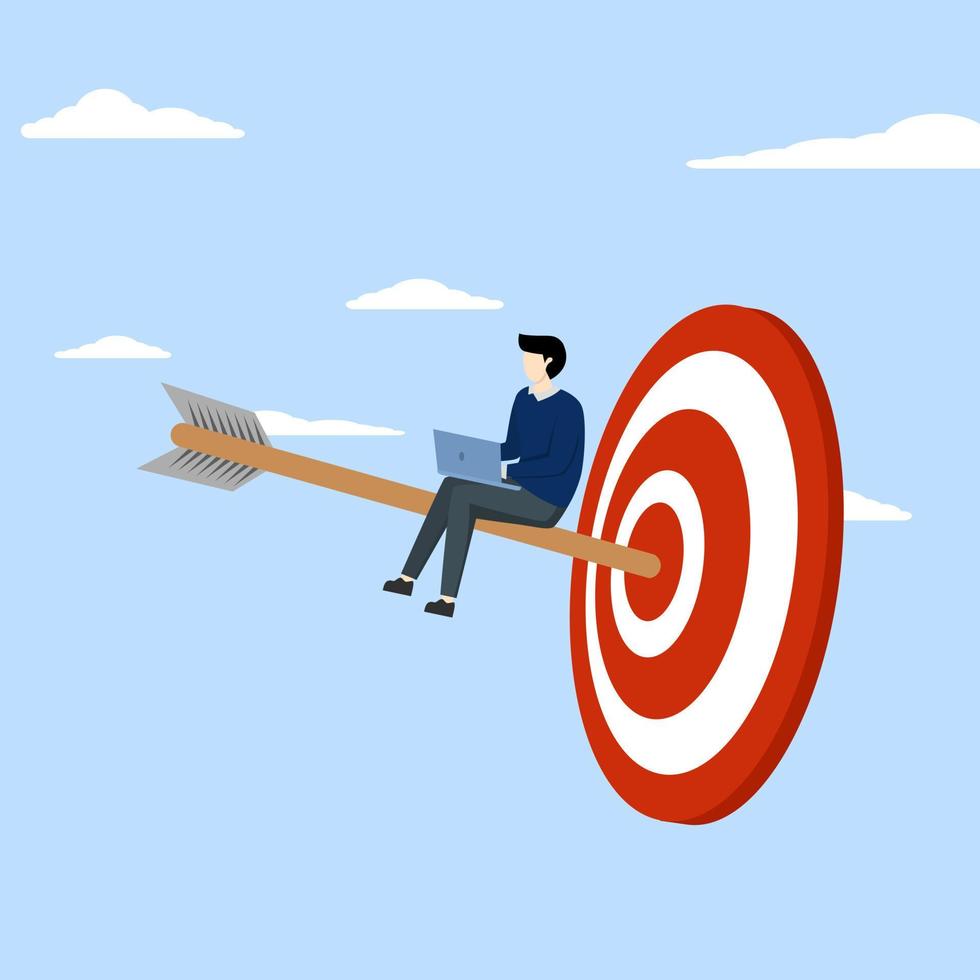Konzept der Perfektion oder des Sieges, leichter Sieg mit guter Strategie und Planung, Zielerreichung und Zielerreichung, erfahrener Geschäftsmann, der daran arbeitet, den Pfeil zu gewinnen, der das Bullseye-Ziel trifft. vektor