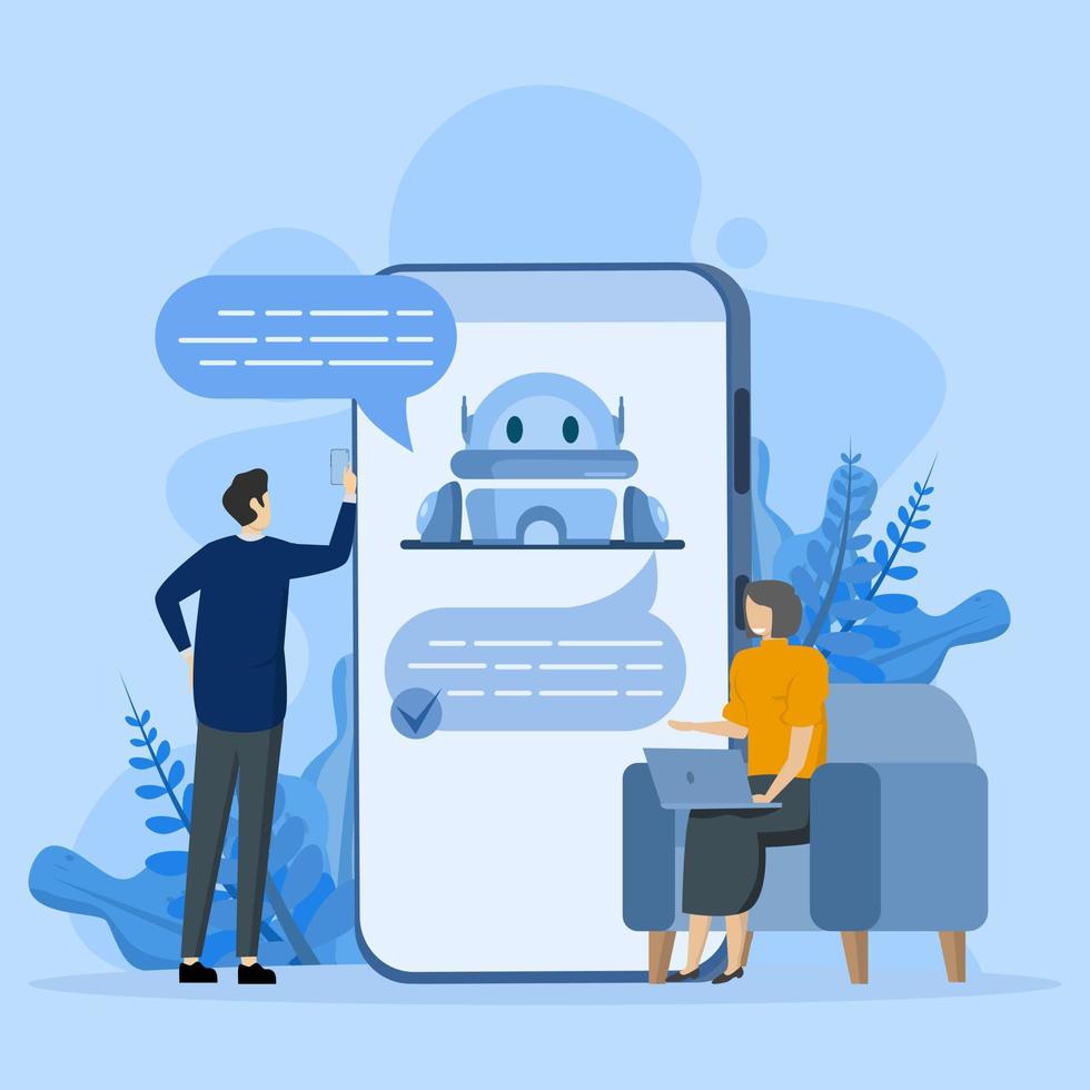 AI Assistant Support und FAQ-Konzept. Fragen stellen und Antworten erhalten. Kunden im Dialog mit Chatbots auf Smartphones. charakter, der mit roboter plaudert, flacher karikaturvektor vektor
