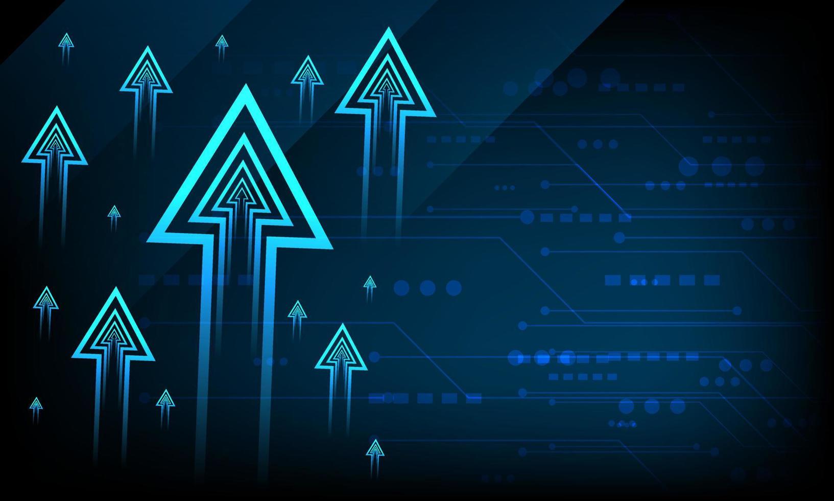 geschäftswachstumspfeil nach oben digital auf blauem neonhintergrund. Investitionsgrafik-Technologieschaltung zum Erfolg. Strategie für Finanzdatentechnologie. Marktdiagramm Gewinngeld. Vektor hallo-Tech im Dunkeln leuchten