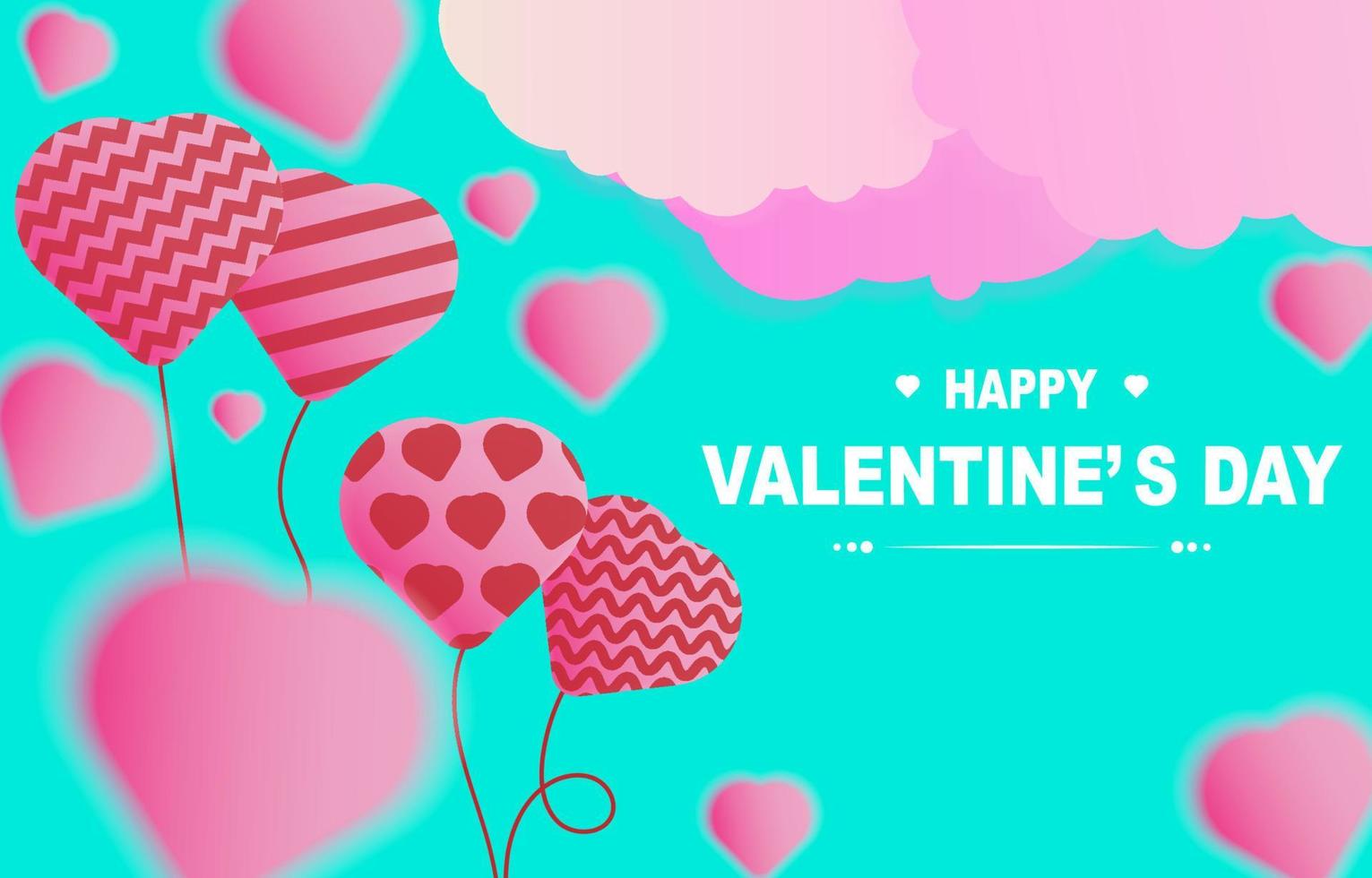 Happy Valentine's Day Template mit Text, Luftballons, Wolken und verschwommenen Herzen auf türkisgrünem Hintergrund. Design für Werbung, Poster, Banner, Online-Shopping. Vektor-Illustration. vektor