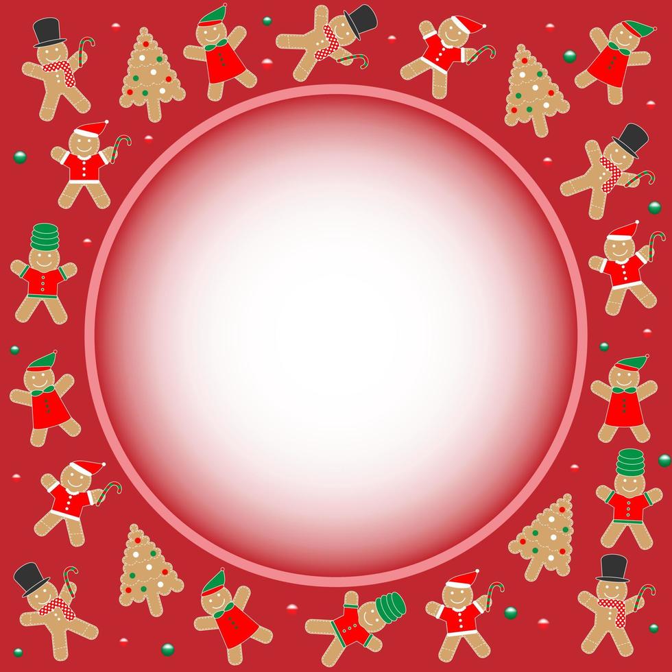 pepparkaka man och jul träd småkakor dekorationer på en röd ram cirkel gräns bakgrund. glad jul hälsning kort, inbjudan, dekorativ ram, baner, matlagning, mat. söt xmas vektor. vektor