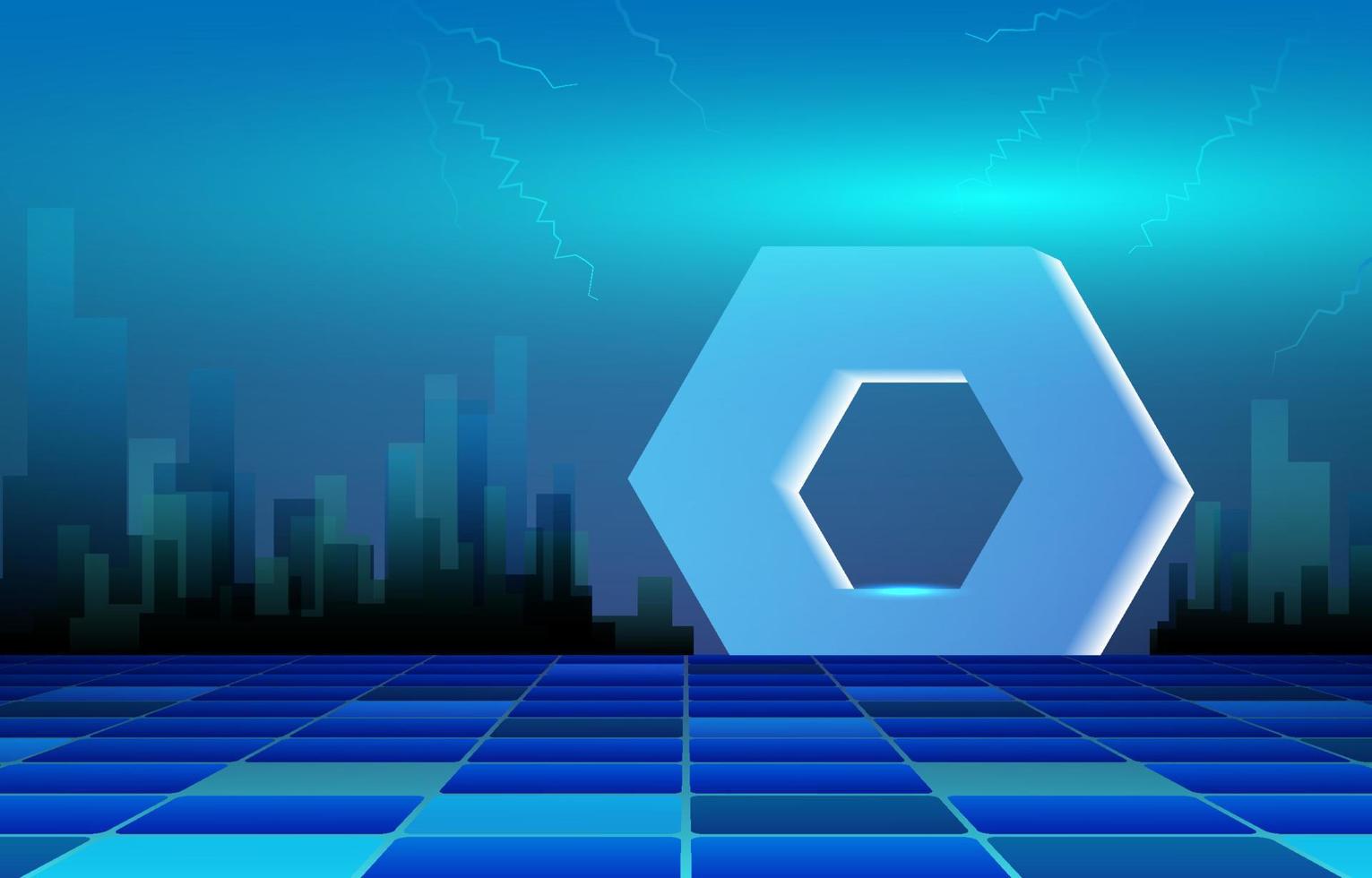 abstrakter Hintergrund Hexagon und Fliesenboden auf Gebäude Strom Hintergrund. Neonblaues Thema der futuristischen Technologie. vektor