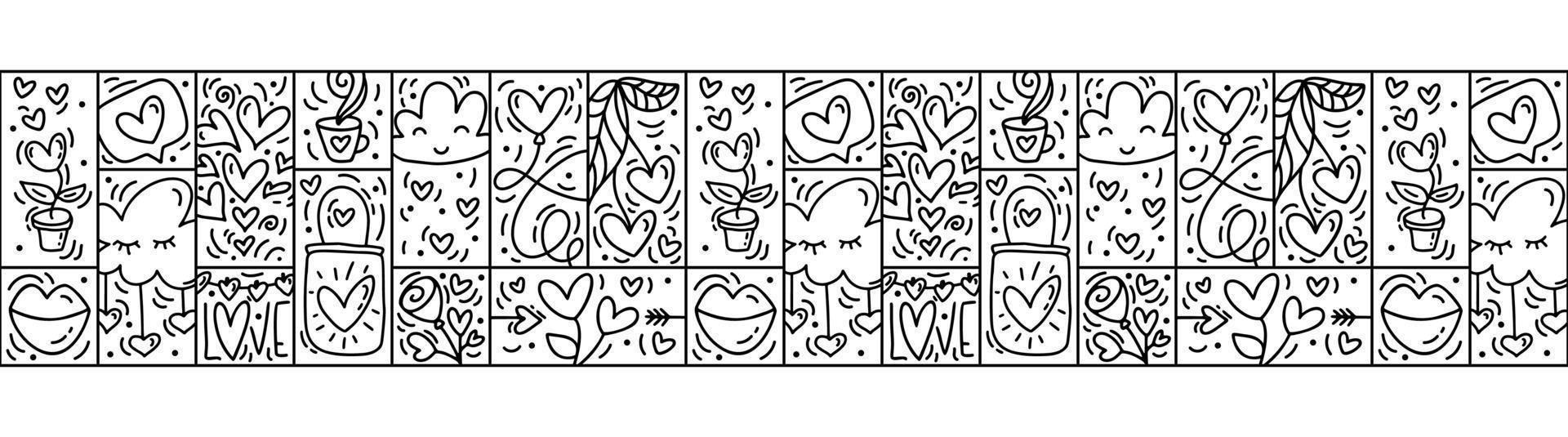 valentines logotyp vektor washi tejp sömlös mönster gräns kärlek, kaka, mun, hjärta, moln och väska. hand dragen monoline konstruktör för romantisk hälsning kort