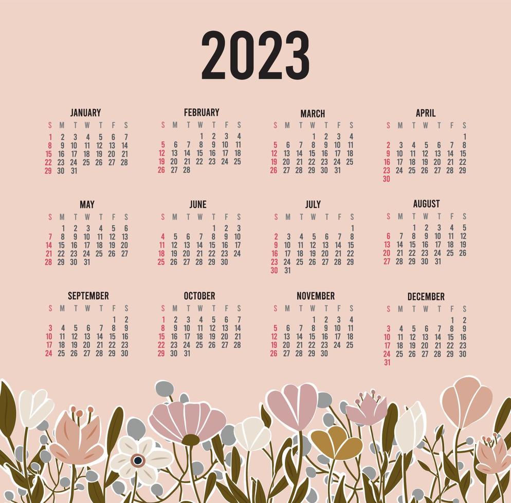 Kalender 2023 mit 12 Monaten. sonntag woche beginn jahreskalender. Einseitige Kalendervorlage mit handgezeichneten Boho-Pflanzen und Blumen. Vektor-Illustration vektor