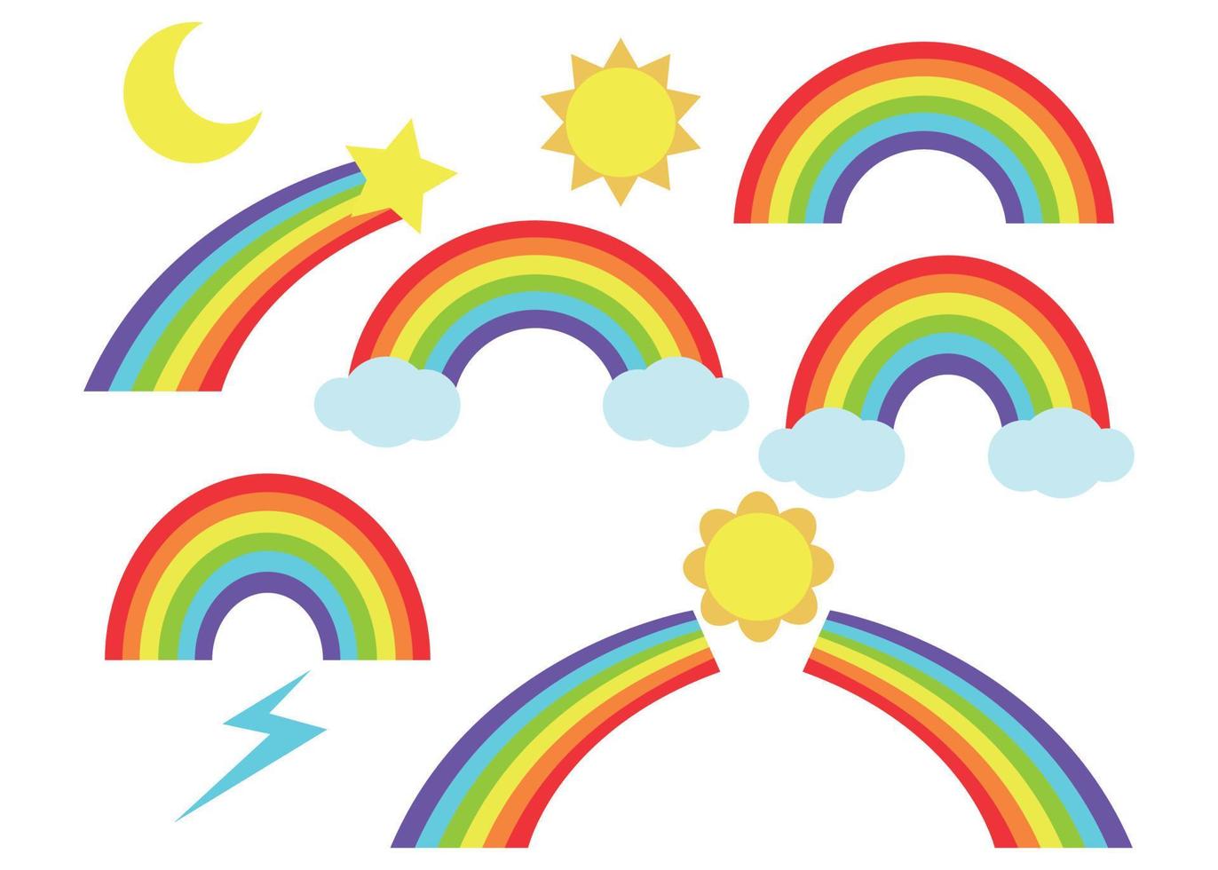Cartoon-Regenbogen, farbiger Schwanz. satz von handgezeichneten farbigen bogenvektorillustrationen vektor