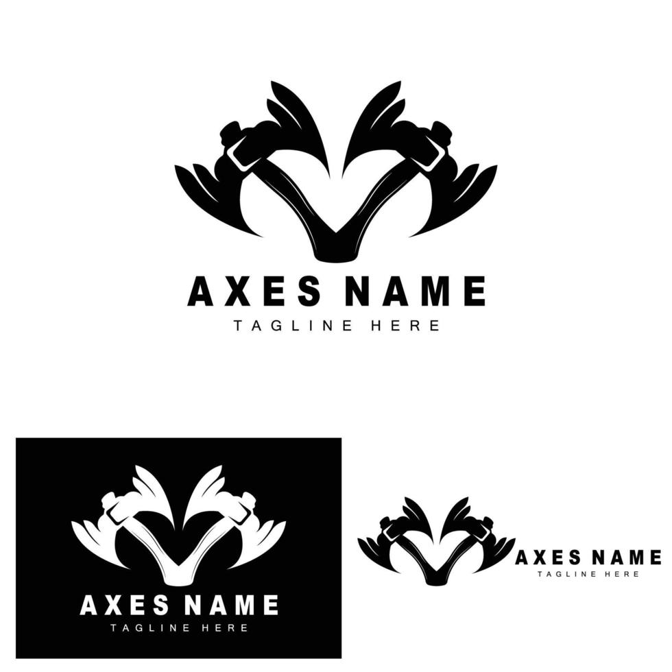 yxa logotyp design, krig verktyg illustration och skogshuggare vektor