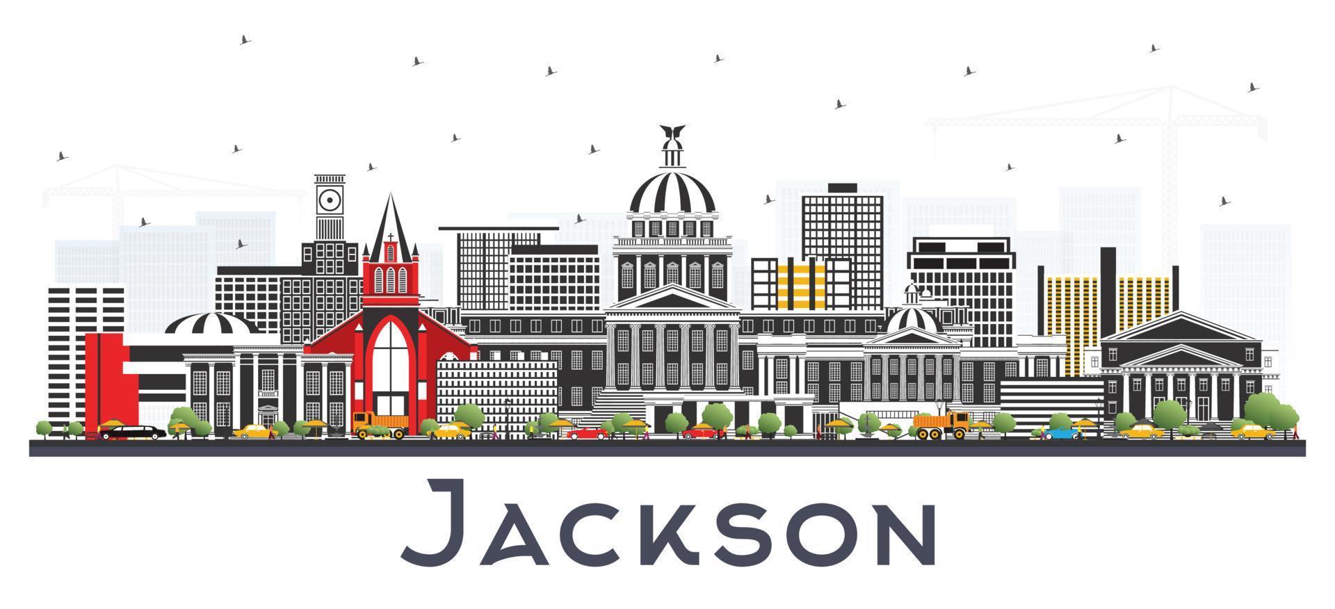 Jackson mississippi stad horisont med grå byggnader isolerat på vit. vektor
