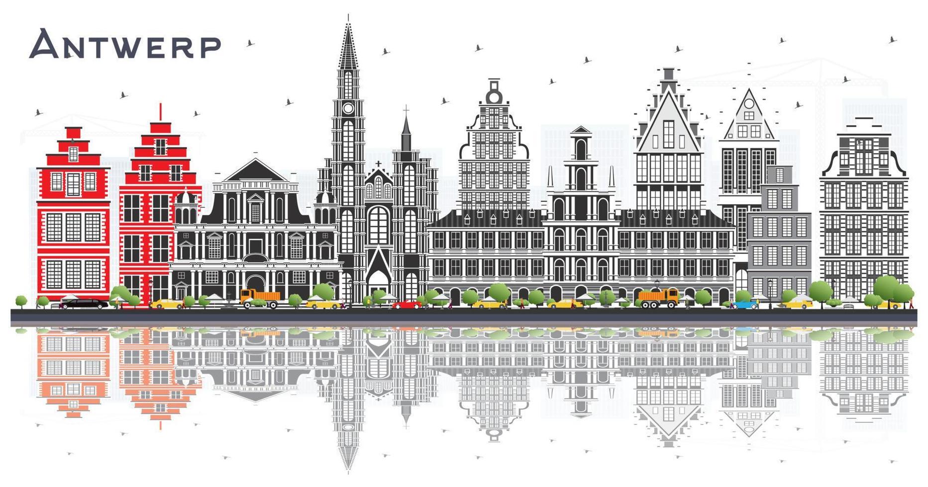 antwerpen belgien stad horisont med grå byggnader och reflektioner isolerat på vit. vektor