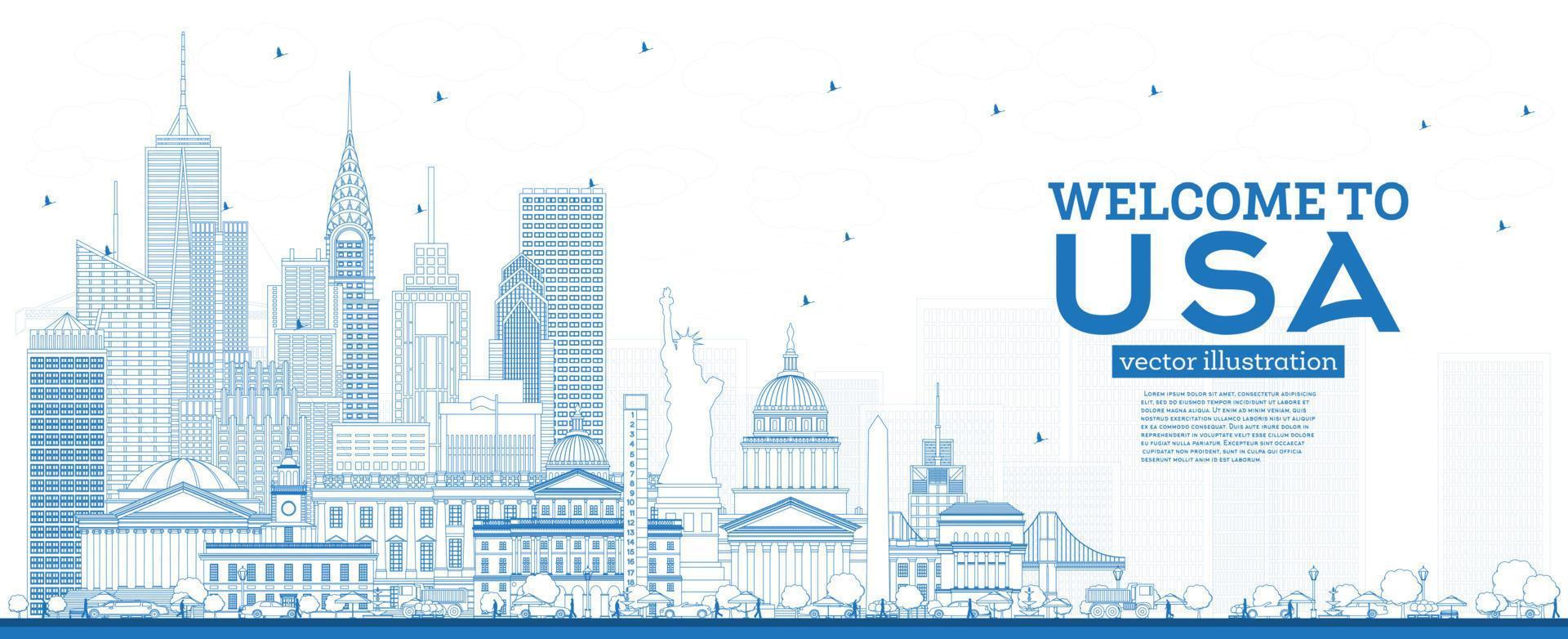 Gliederung Willkommen in der Skyline der USA mit blauen Gebäuden. berühmte sehenswürdigkeiten in den usa. vektor