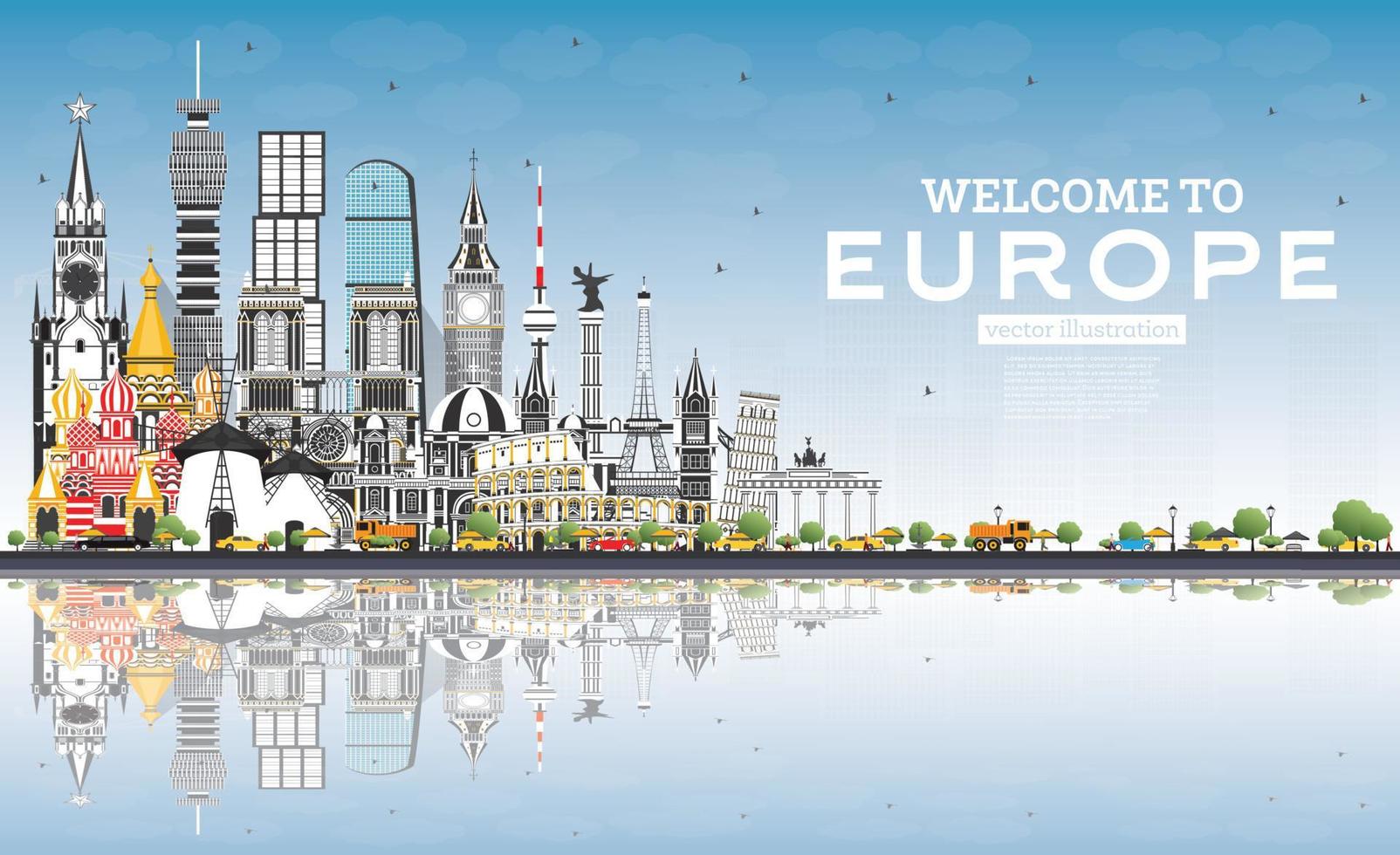 Willkommen in der europäischen Skyline mit grauen Gebäuden und blauem Himmel. vektor