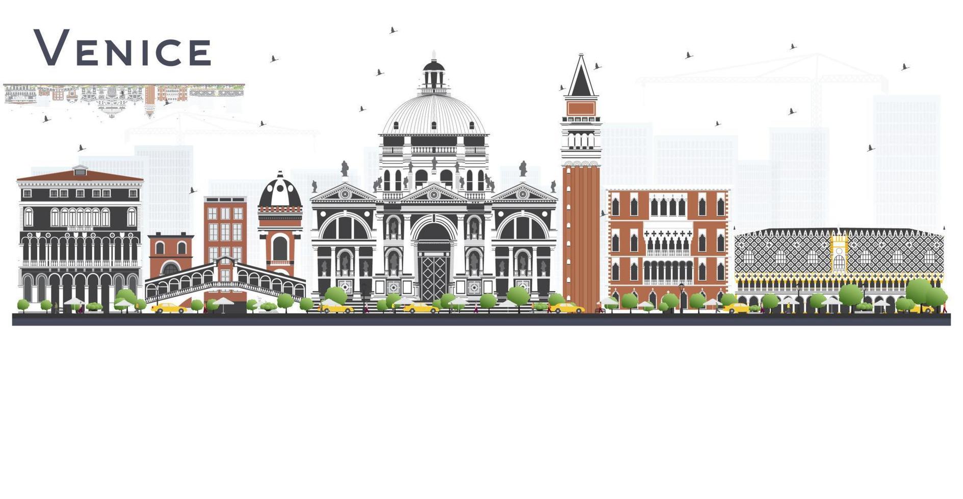 venedig italien stadtskyline mit farbgebäuden und reflexionen isoliert auf weiß. vektor