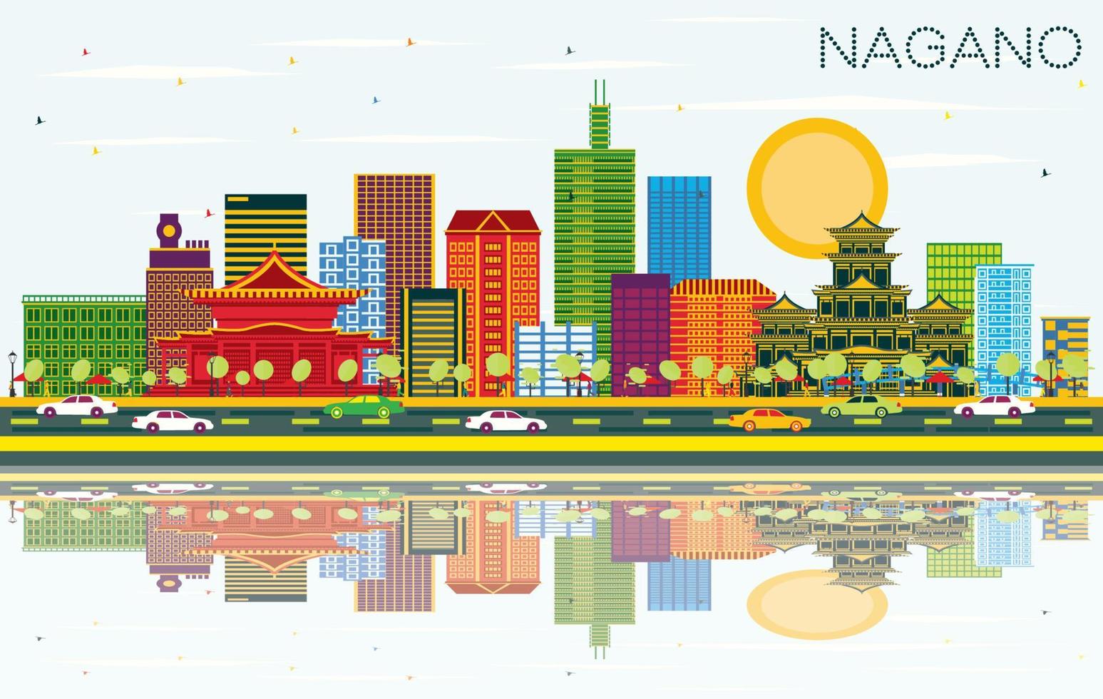 nagano japan city skyline mit farbigen gebäuden, blauem himmel und reflexionen. vektor