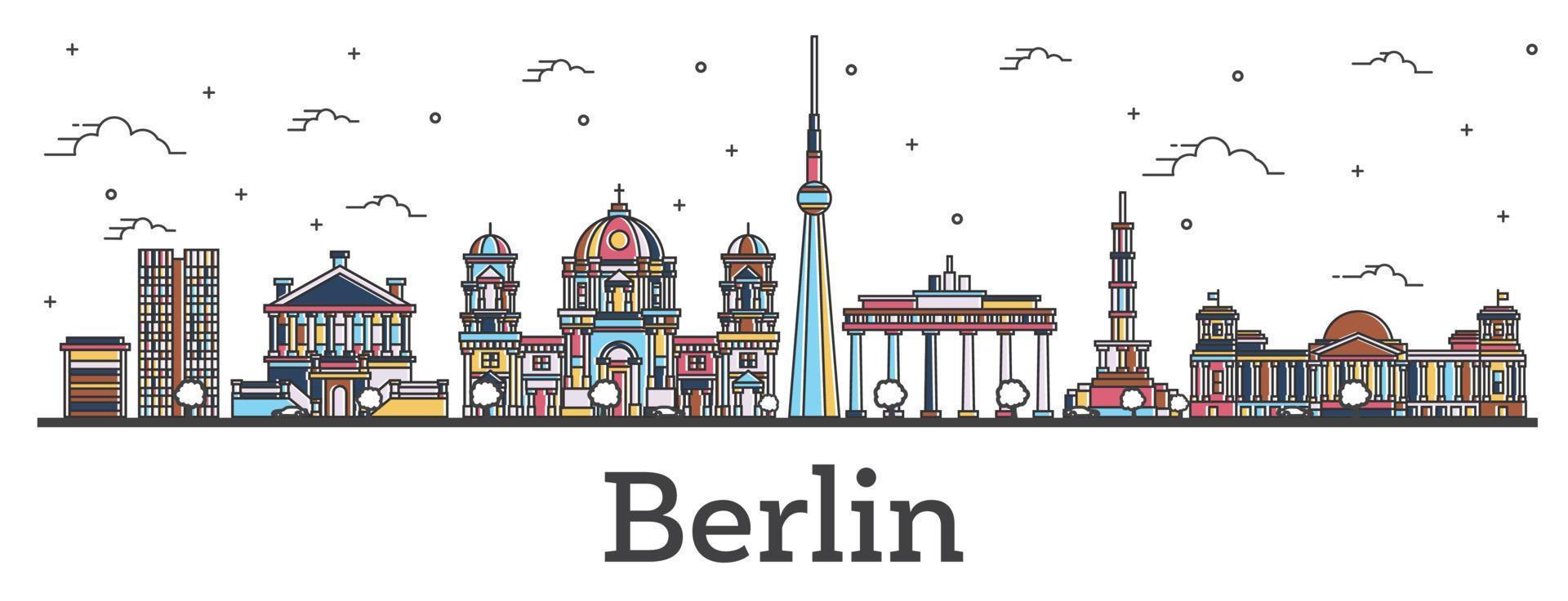 skizzieren sie die skyline der stadt berlin deutschland mit farbigen gebäuden, die auf weiß isoliert sind. vektor
