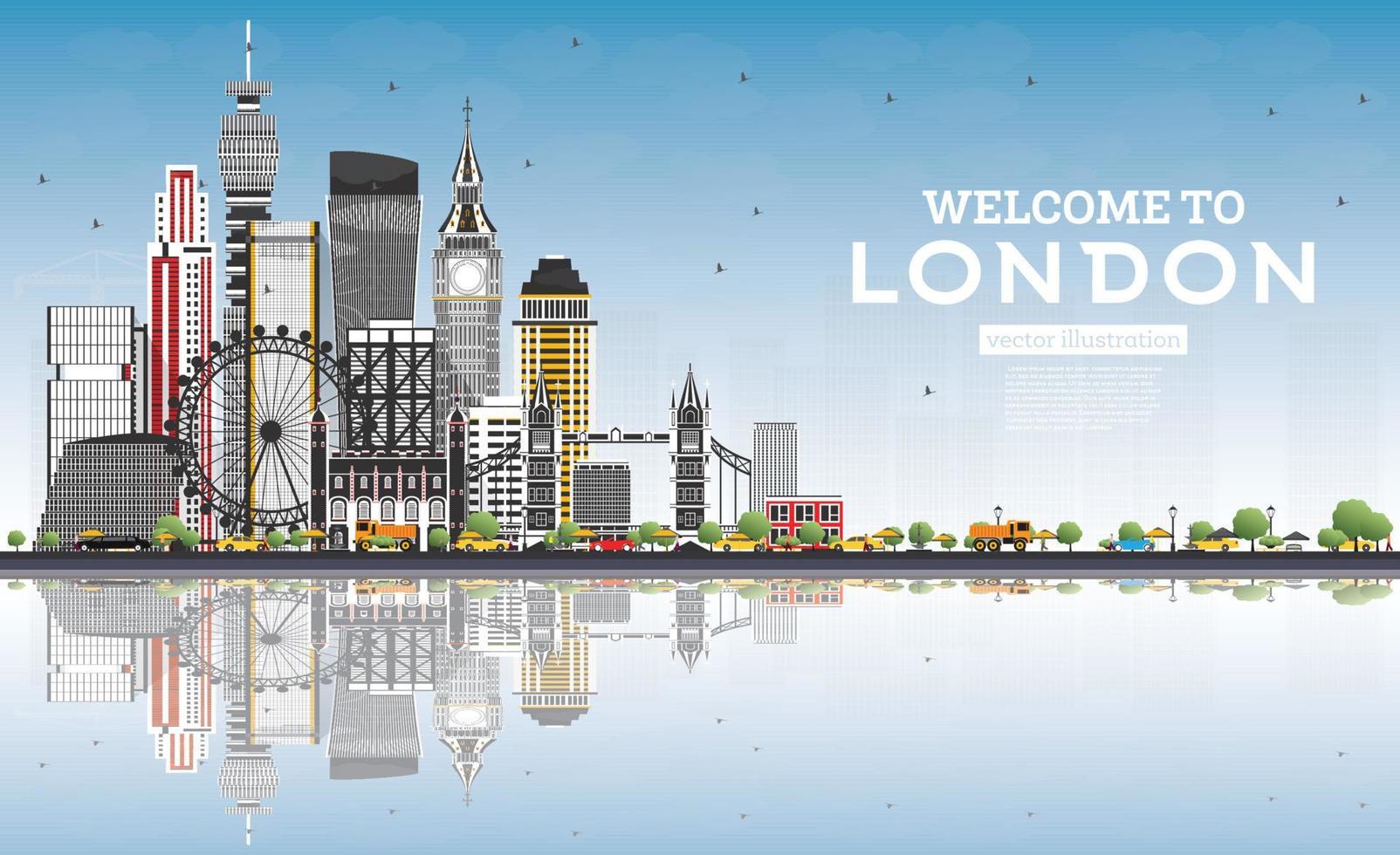 Välkommen till London England horisont med grå byggnader, blå himmel och reflektioner. vektor