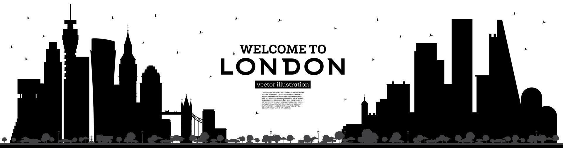 willkommen in london england skyline silhouette mit schwarzen gebäuden isoliert auf weiß. vektor
