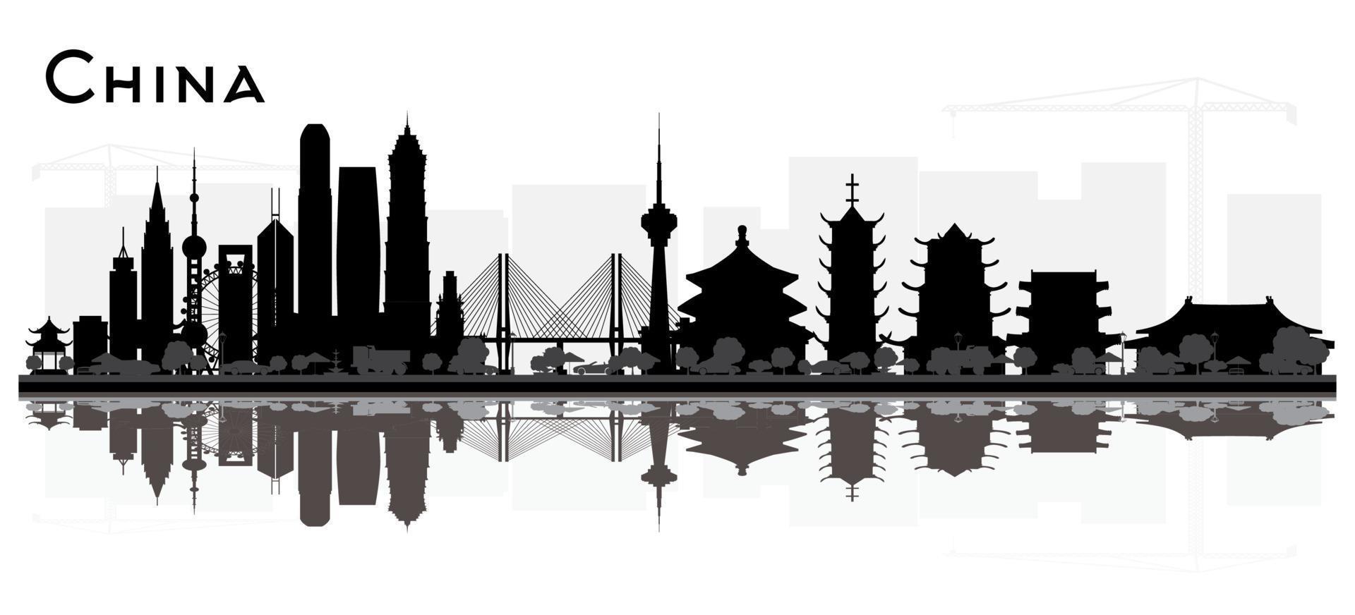 Kina stad horisont svart och vit silhuett med reflektioner. vektor