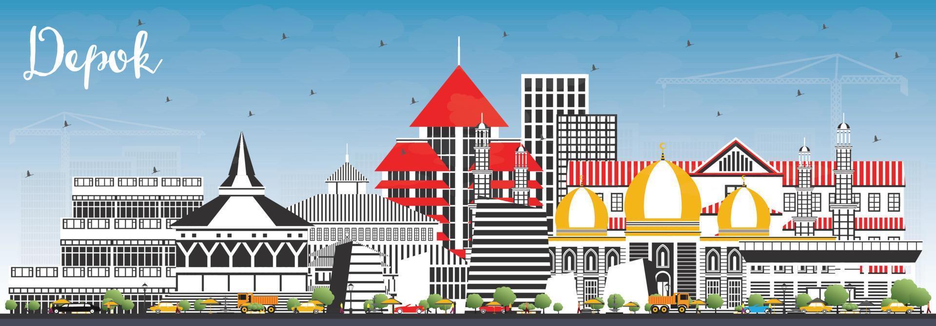 depok indonesien stad horisont med Färg byggnader och blå himmel. vektor