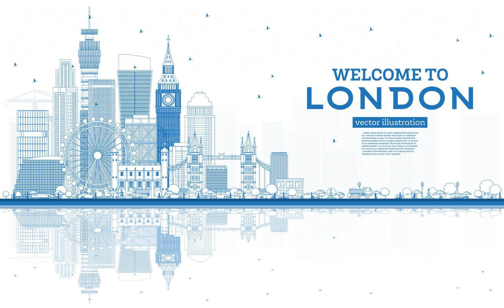 översikt Välkommen till London England horisont med blå byggnader och reflektioner. vektor