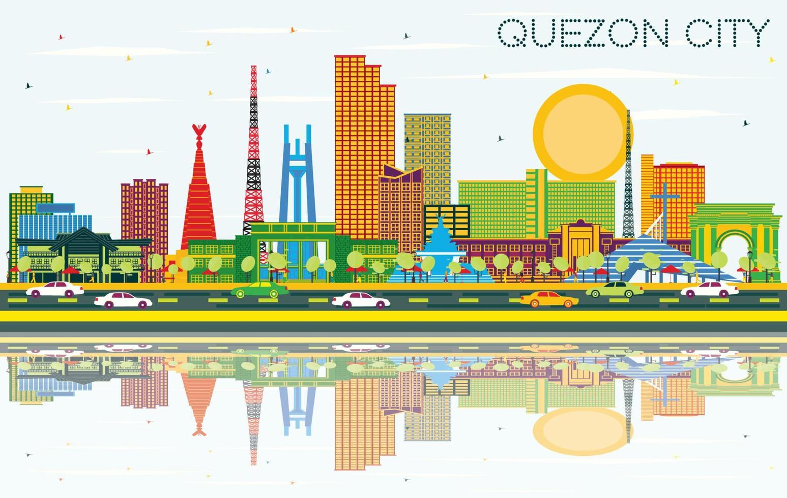 quezon city philippinen stadtskyline mit farbigen gebäuden, blauem himmel und reflexionen. vektor