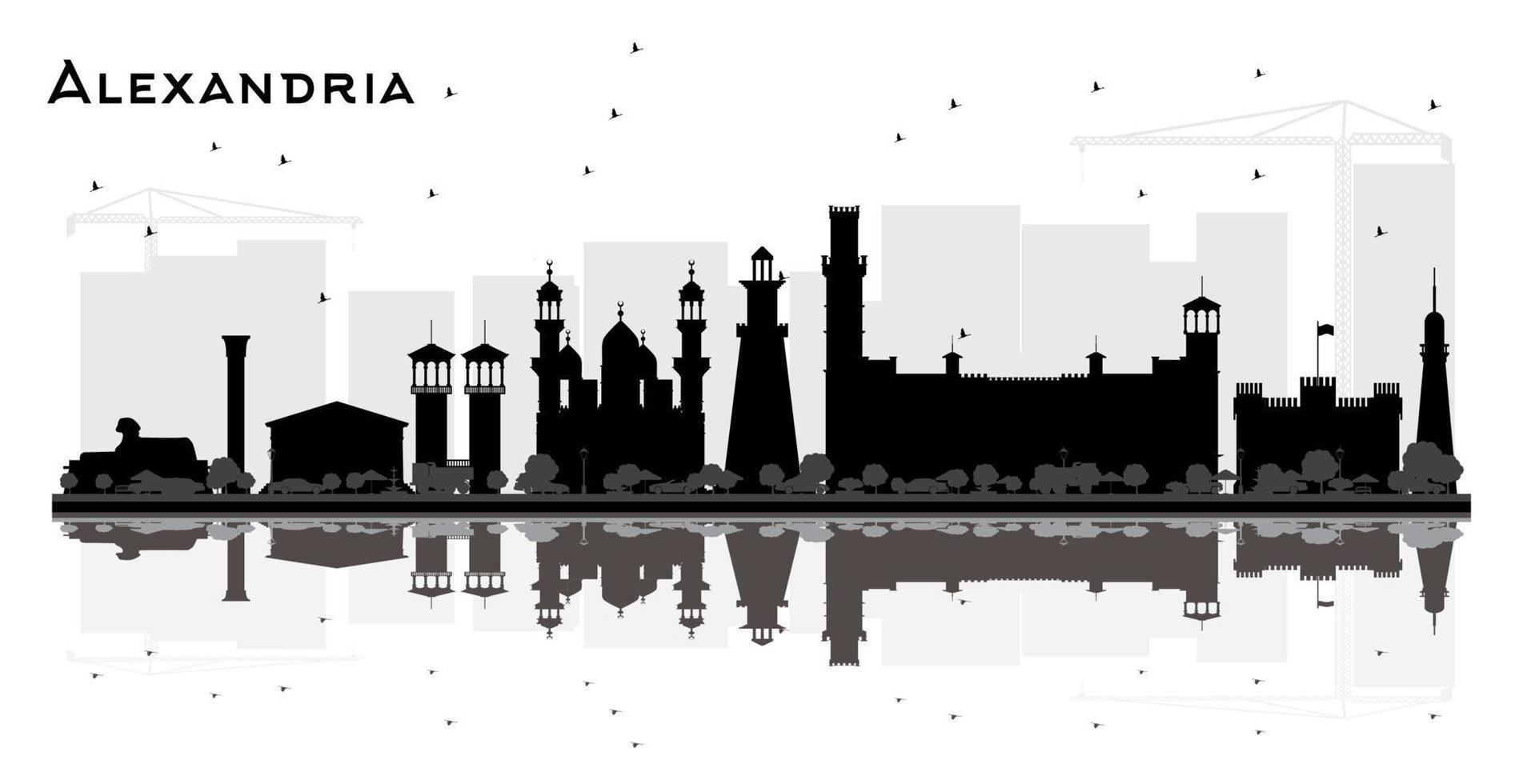 alexandria egypten stad horisont silhuett med svart byggnader och reflektioner isolerat på vit. vektor