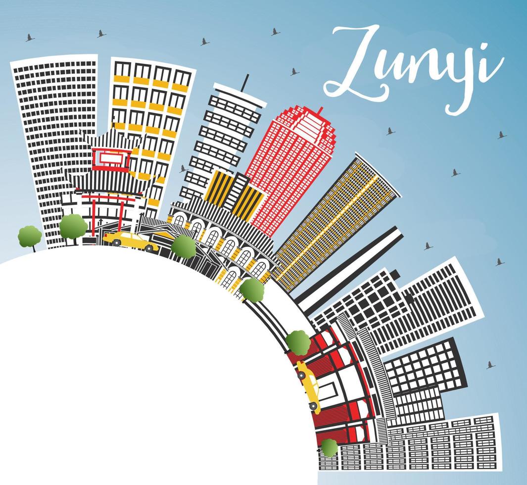 Zunyi Kina stad horisont med grå byggnader, blå himmel och kopia Plats. vektor