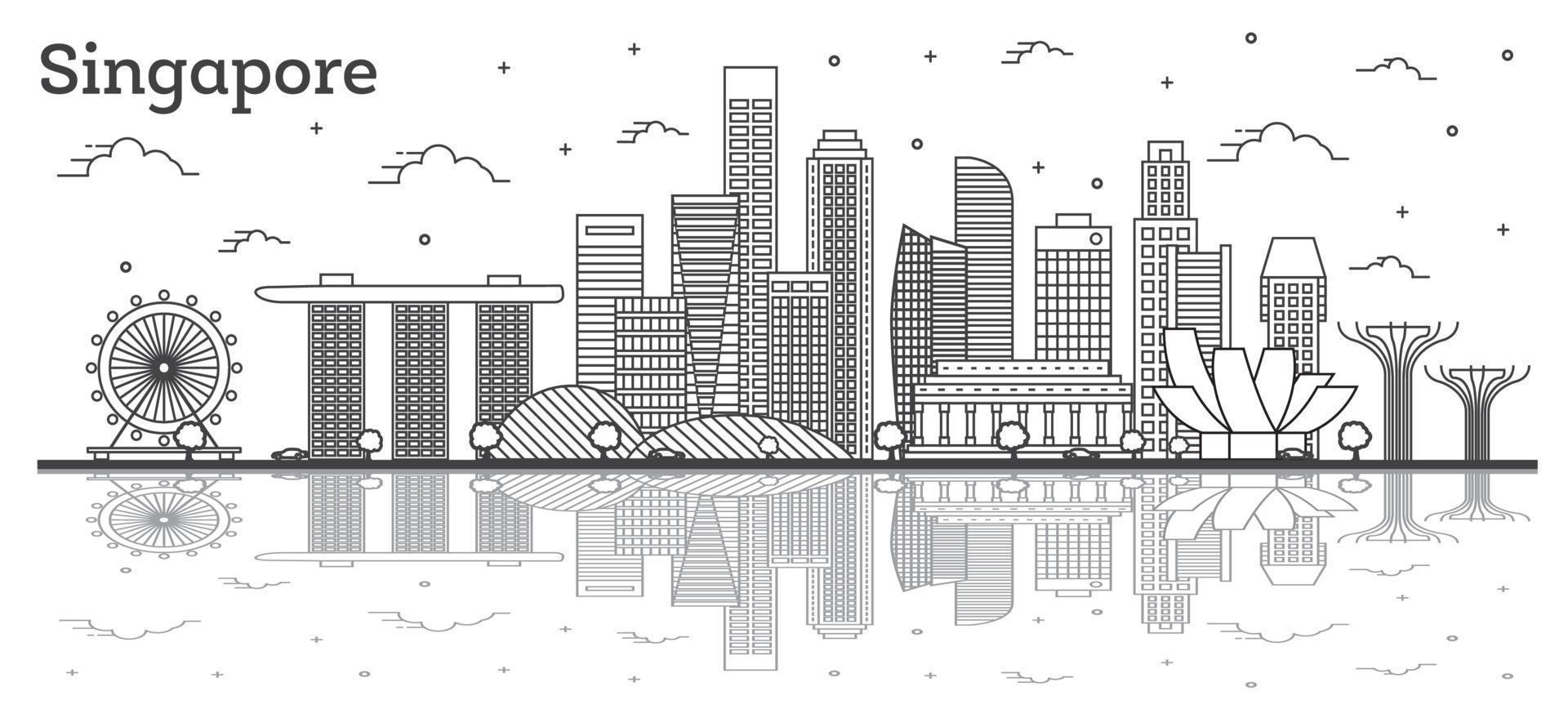 skizzieren sie die skyline von singapur mit modernen gebäuden und reflexionen isoliert auf weiß. vektor