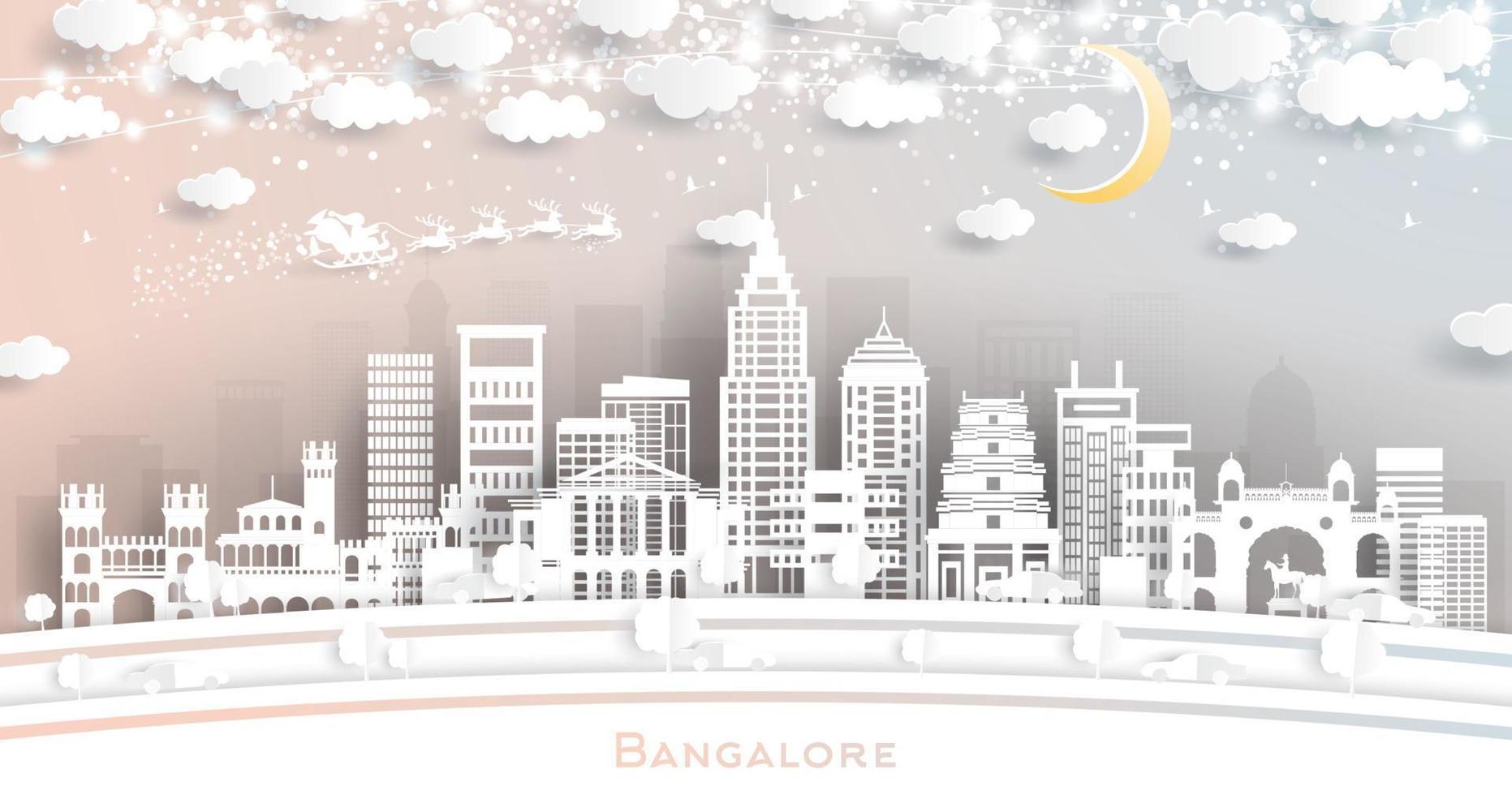 bangalore Indien stad horisont i papper skära stil med snöflingor, måne och neon krans. vektor