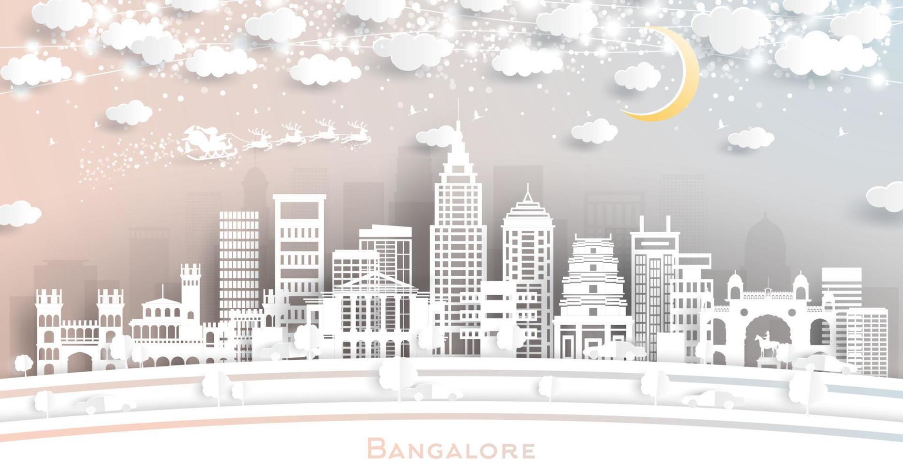 bangalore indien stadtskyline im papierschnittstil mit schneeflocken, mond und neongirlande. vektor