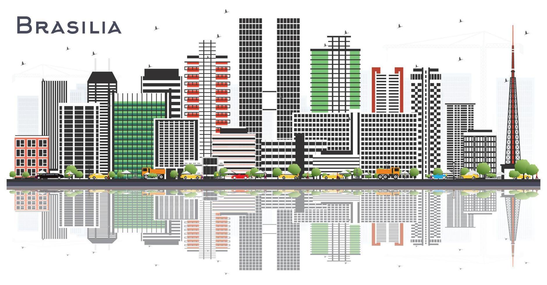 brasilia brasilien stadtskyline mit grauen gebäuden und reflexionen isoliert auf weiß. vektor