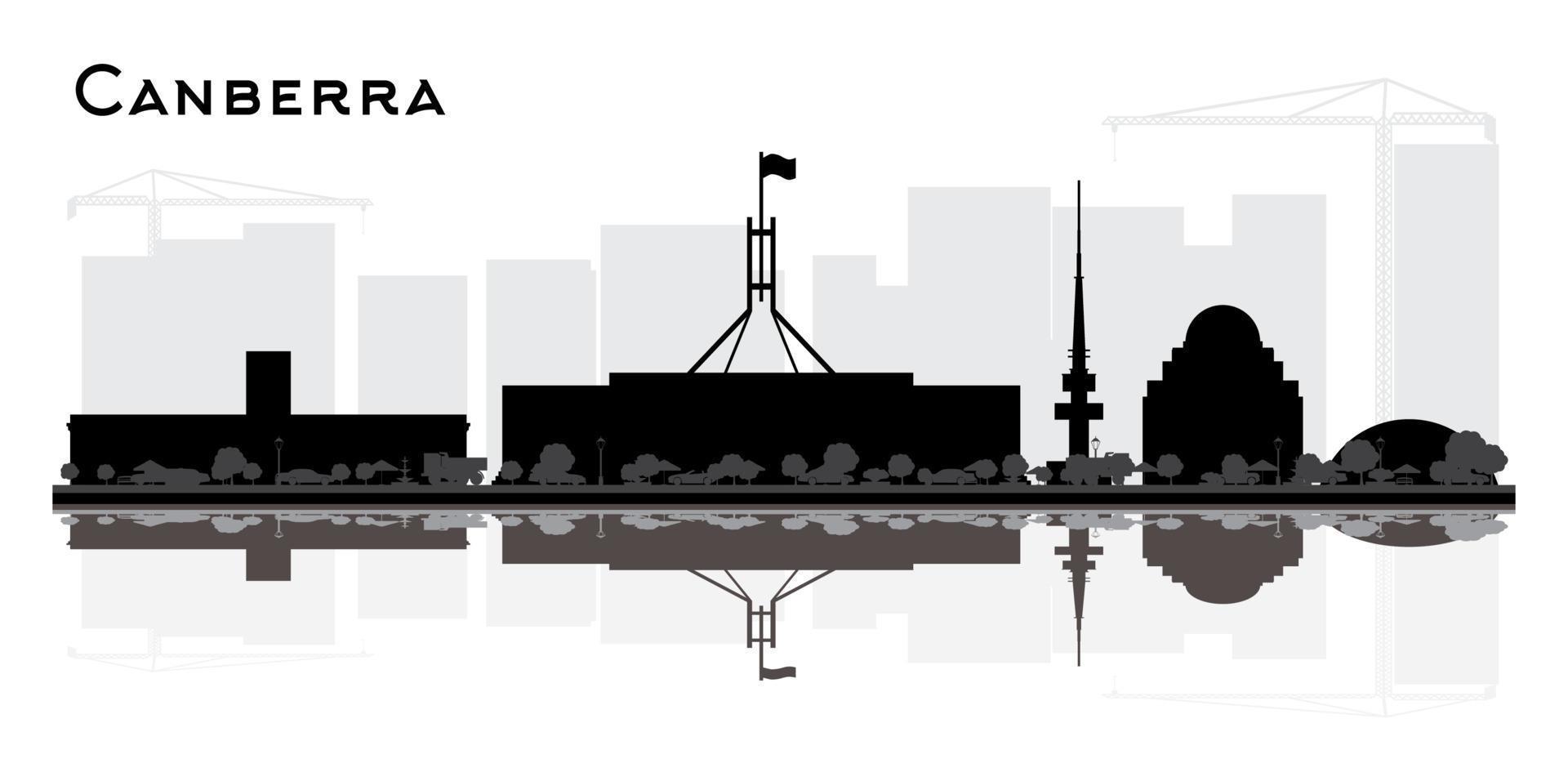 canberra australien city skyline silhouette mit schwarzen gebäuden und reflexionen isoliert auf weiß. vektor
